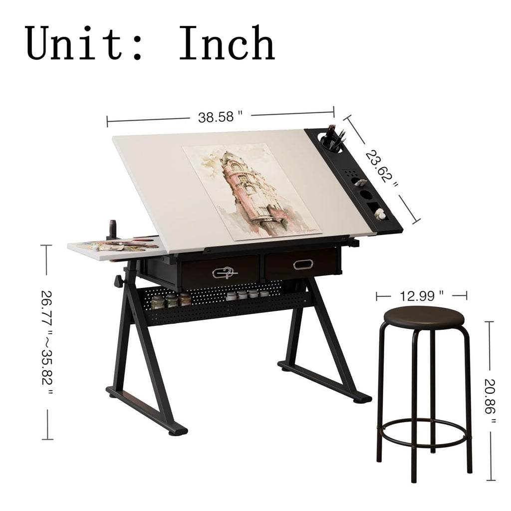 Height Adjustable Art Table Drafting Table with Stool, Rustic