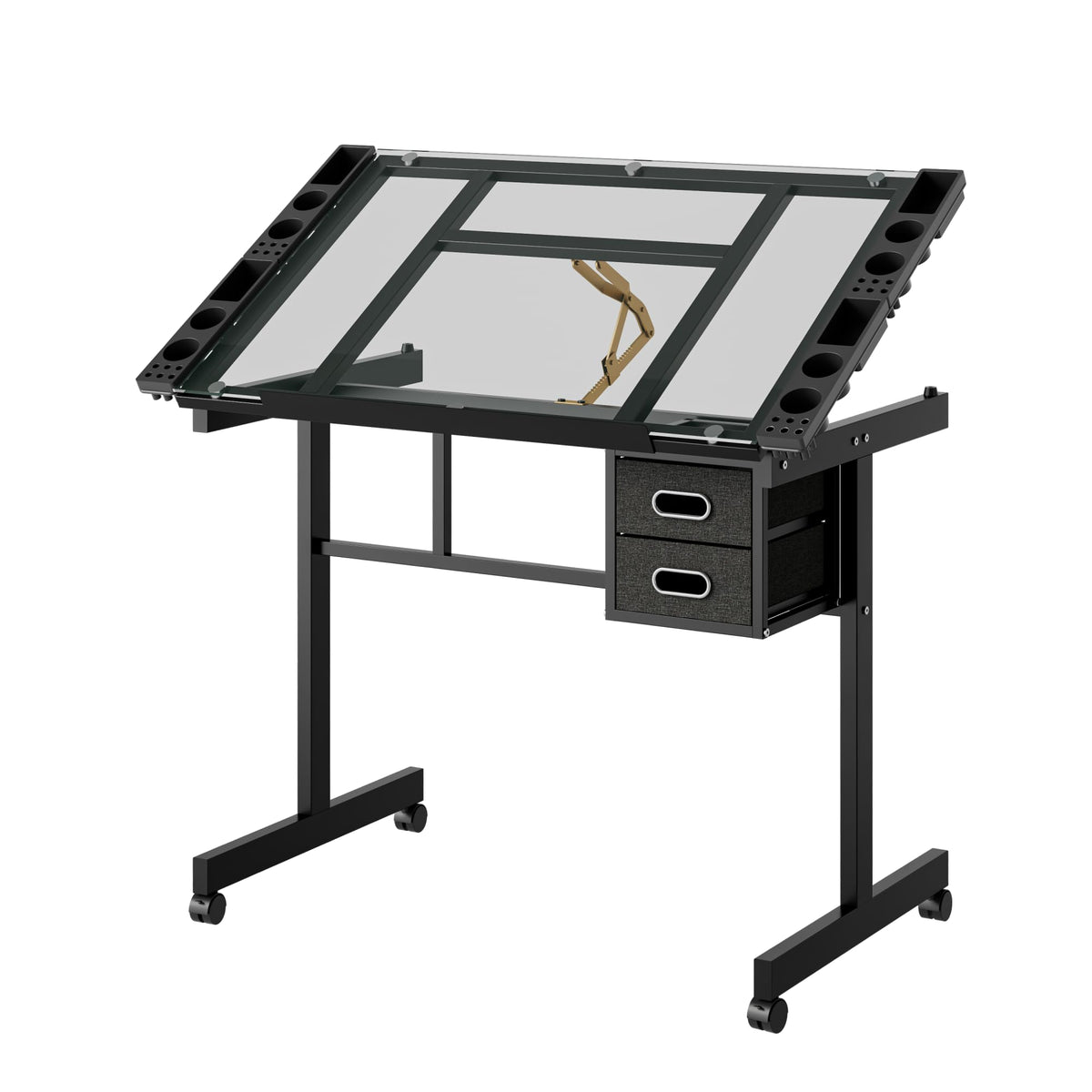 White Drafting Table with Stool, Height Adjustable Art Craft Desk with Tilting Tempered Glass Tabletop, Expansion Board, Multi-Storage, Drawing Table for Studio, Artists, Home Office, Painters, White