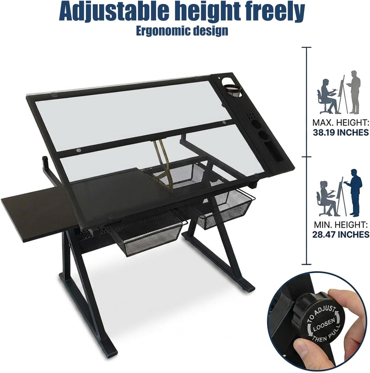 Adjustable Drafting Table, Tiltable Art Drawing Desk with 2 Storage Drawers & Stool, Multi-Functional Art Workstation for Artist Painting Craft Reading Writing (Black-B)