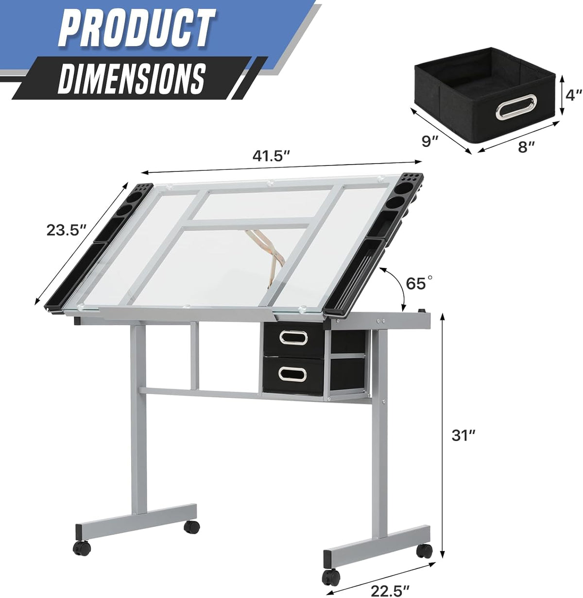 Drafting Table, Clear Glass, Angle Adjustable Top