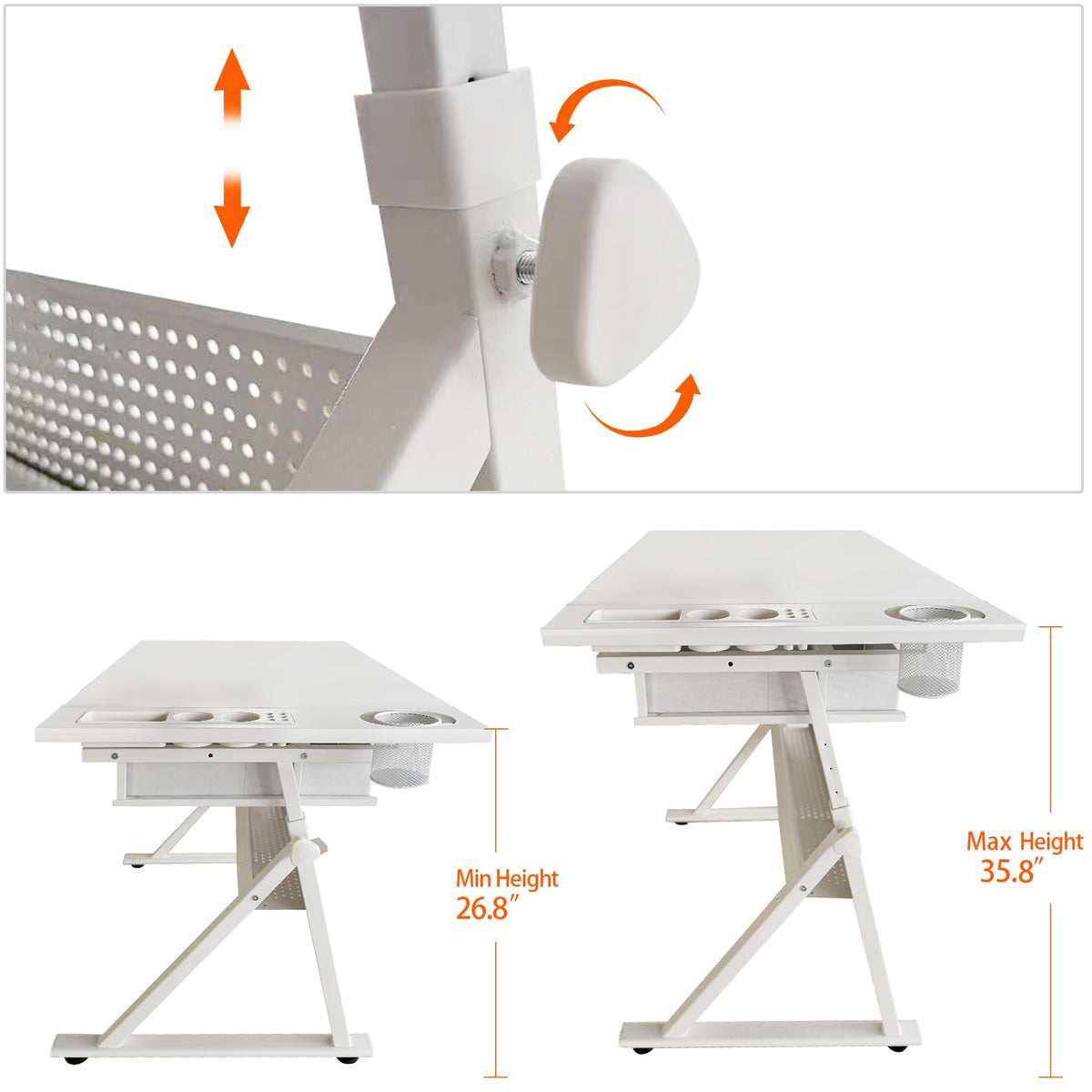 Height Adjustable Drafting Art Table for Adults, White Tempered Glass Drafting Drawing Printing Table Desk with Stool, 0-75Â° Tilting Tabletop Art Drawing Table for Drawing,Hand Crank
