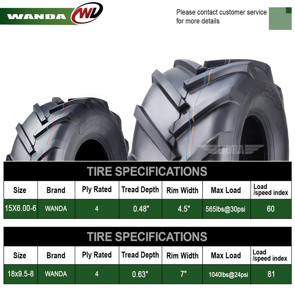 WANDA 4PC 15X6-6 & 20X10-8 Lawn Mower Tractor Tires Super Lug -13078/13071