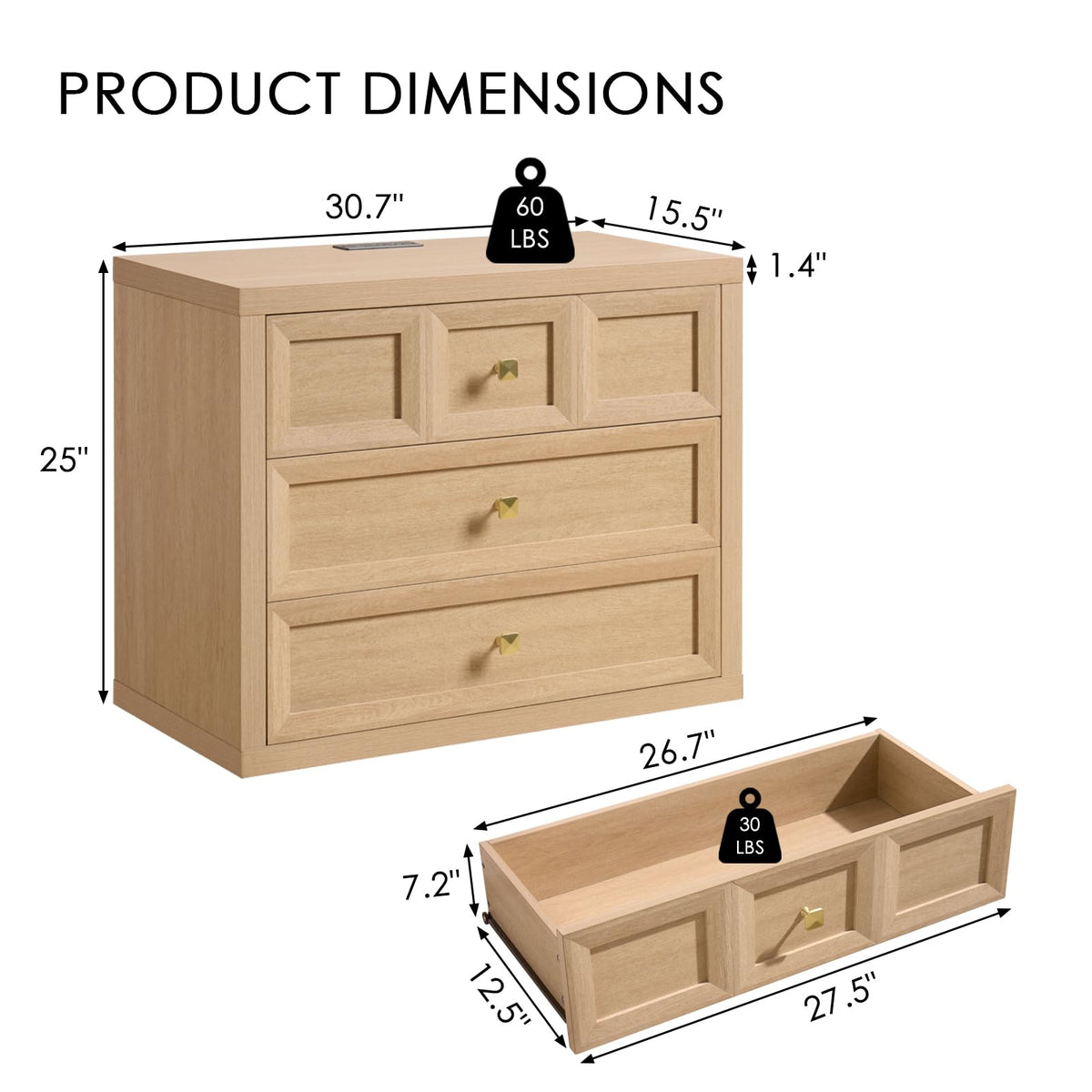 3 Drawers Nightstand Set of 2 W/Charging Station, 30.7" W King Size Bedside Table with 3 Drawers, Accent End Table W/Large Storage, Modern Wood Side Table for Bedroom,Office (2 Pieces, Gray Black)