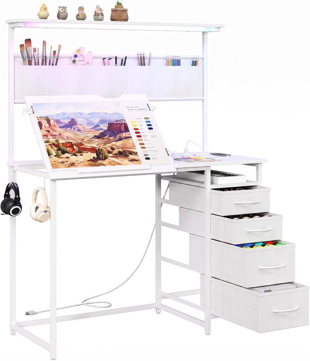 Drafting Table with Storage Drawers & Shelf Adjustable Tilting Art Craft Desk Drawing Painting Sketching Multifunctional Workstation for Home Office