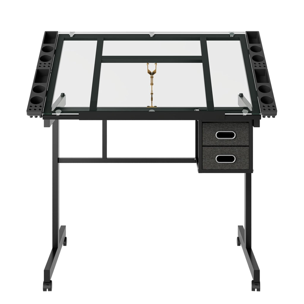 Drafting Table, Adjustable Height Drawing Table Art Table Painting Table Art Craft Desk with 0-75Â° Tilting Glass Tabletop and Storage Drawers, Black