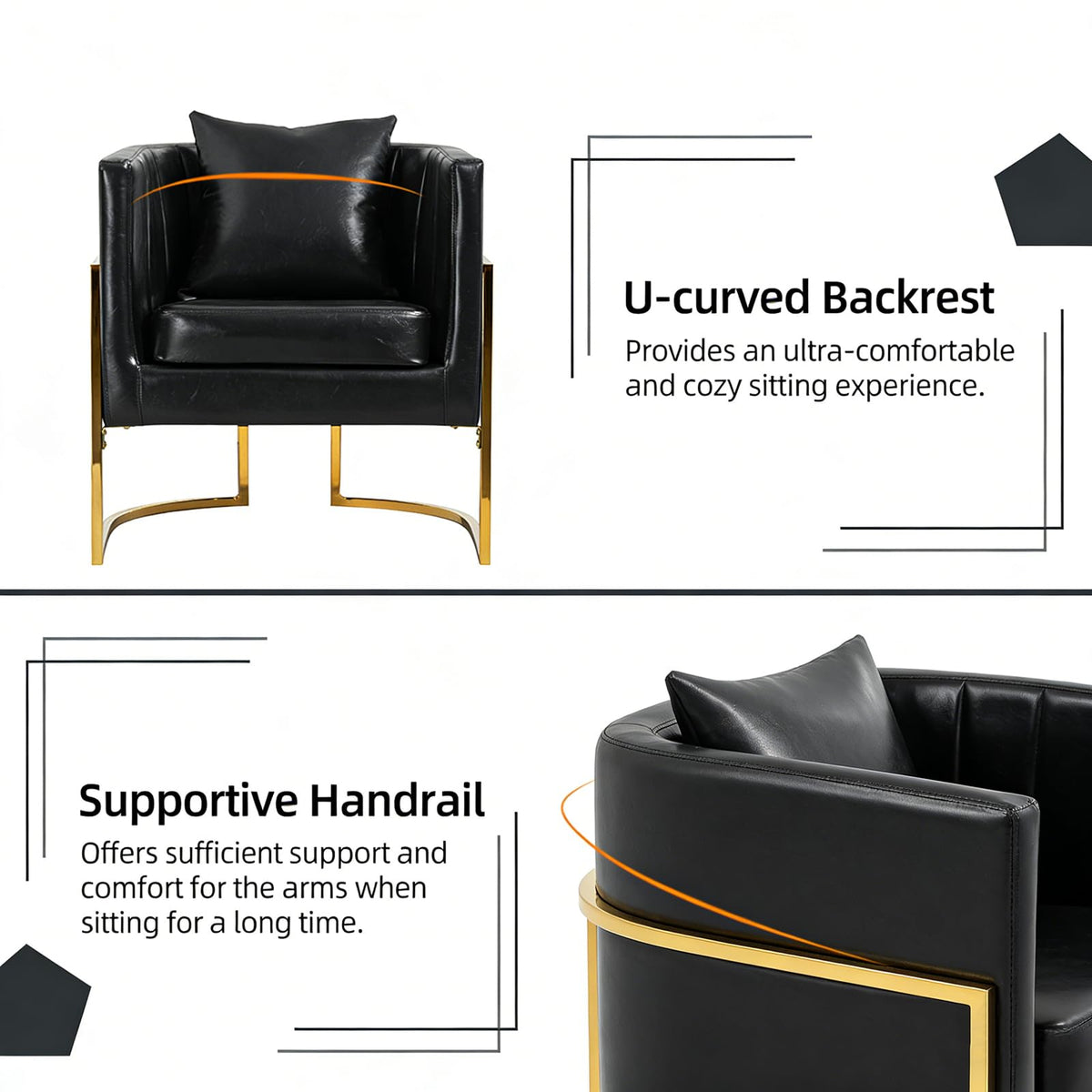 Velvet Accent Barrel Chairs Set of 2, Modern Arm Club Chair Set with Pillow for Living Room/Bedroom/Guest Reception, Channel Tufted, Gold Finish Base, Orange