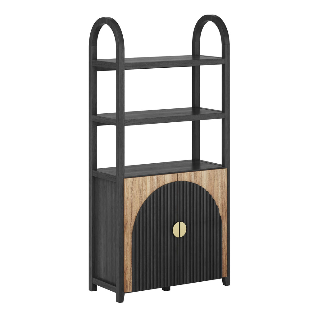 BELLEZE Book Shelf 72" Tall Arched Bookcase with Storage, 5 Tier Mid Century Modern Fluted Bookshelf with Doors, Modular Bookshelves for Living Room Office Library, Set of 2 (Caramel Brown)