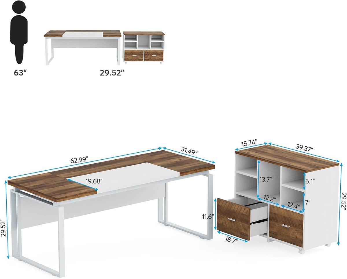 Tribesigns L-Shaped Executive Desk with Reversible File Cabinet, 63" Office Desk with Storage Drawers, Computer Desk Set (Oak Karo & White)