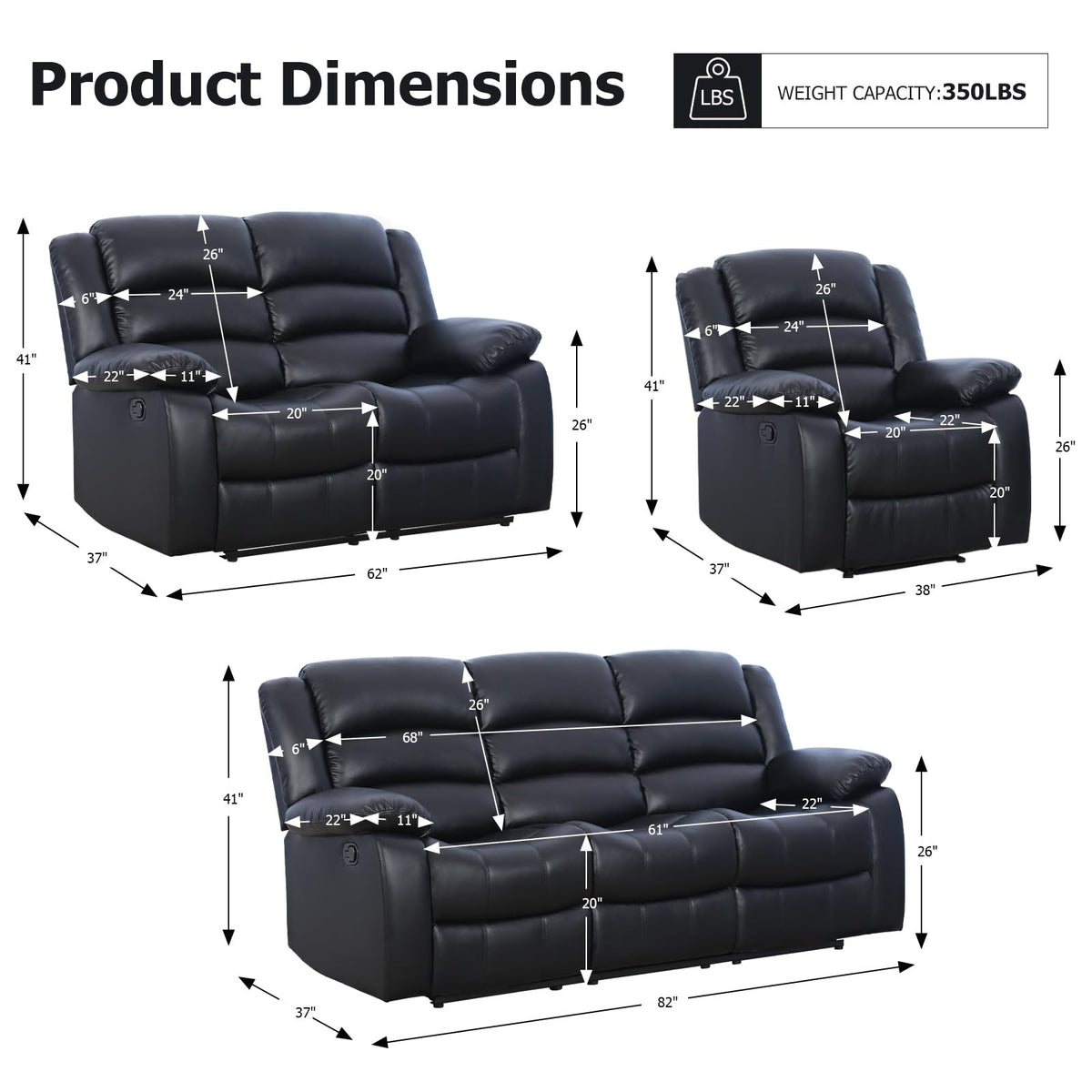 EBELLO Manual Faux Leather Reclining Couch Set for Living Room, Include 1 Recliner Chair, 1 Loveseat Sofa, Recliner Sofa Furniture Set for Home and Office, Black