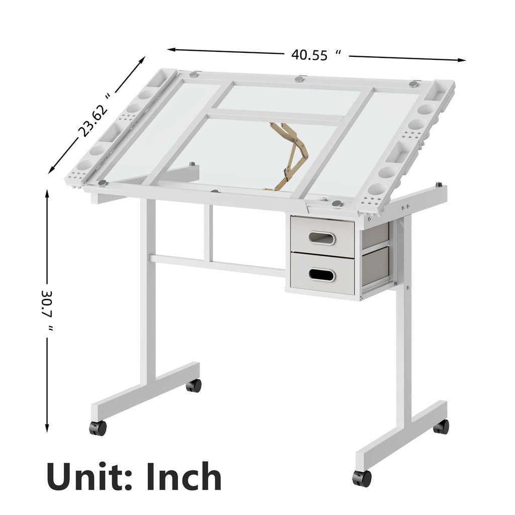Drafting Table, Adjustable Height Drawing Table Art Table Painting Table Art Craft Desk with 0-75Â° Tilting Glass Tabletop and Storage Drawers, Black