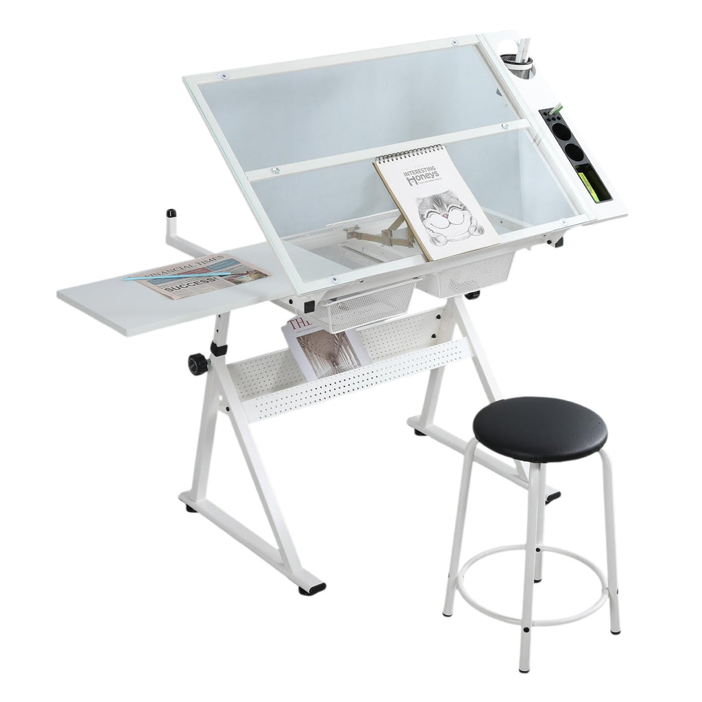 Drafting Table and Stool Set for Adults/Artists, Drawing Table with Adjustable Tabletop and Height, Art Workstation for Painters Crafting Reading Writing Home Office, All White