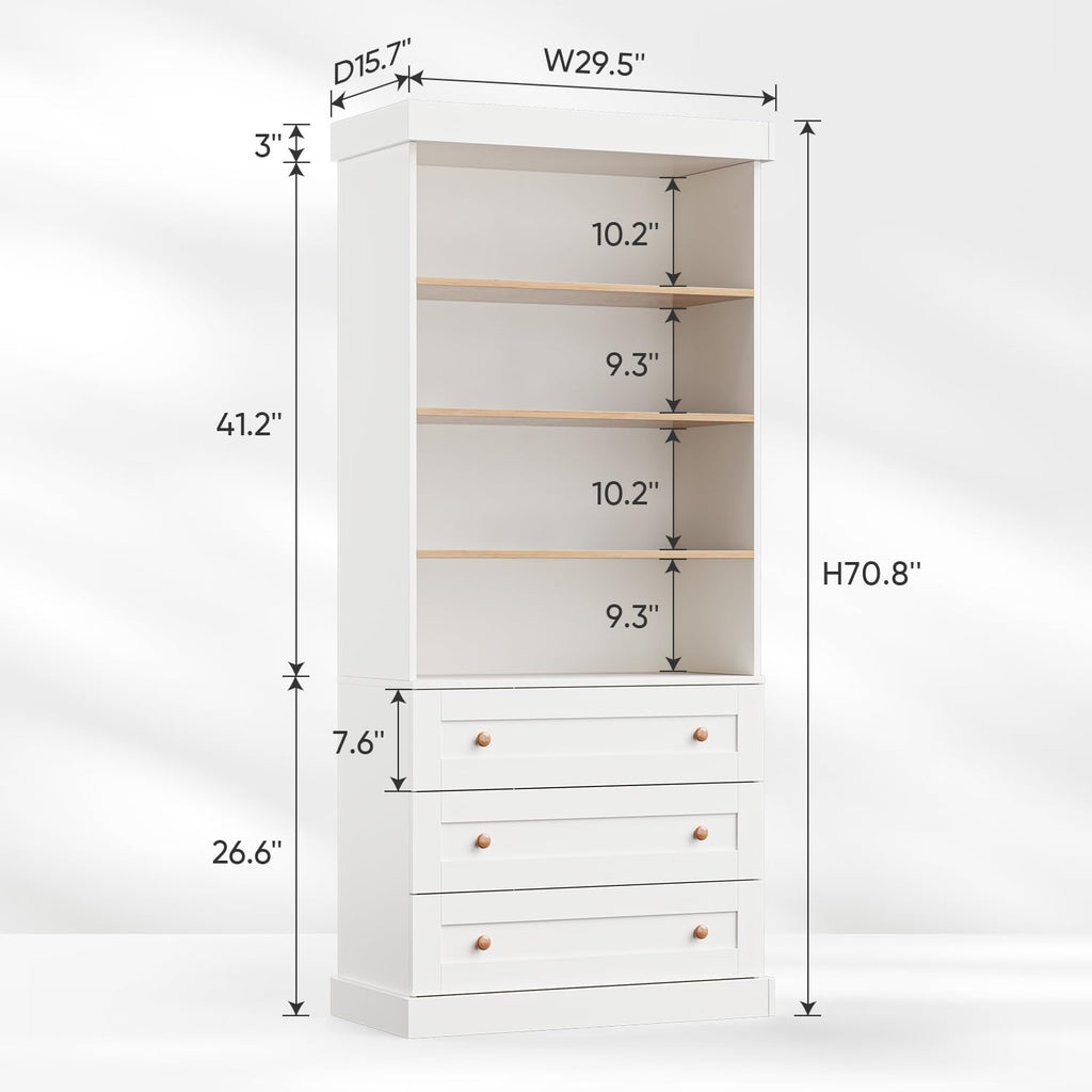 Vyre 71" Tall Farmhouse Bookshelves with Drawers, Set of 3 â Large Modular Bookcase with Adjustable Shelves, Storage Cabinet for Living Room, Kitchen, Home Office, Brown