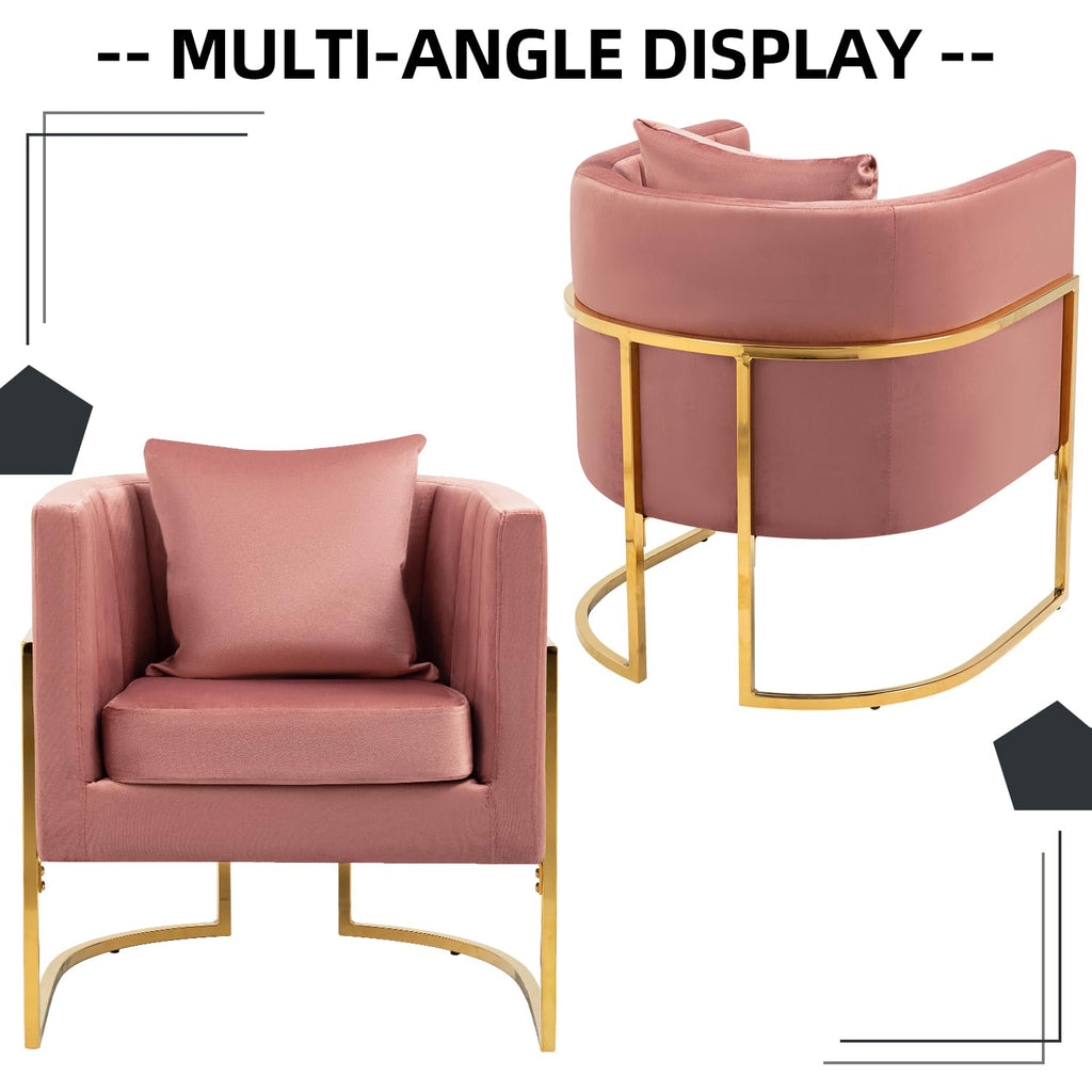 Velvet Accent Barrel Chairs Set of 2, Modern Arm Club Chair Set with Pillow for Living Room/Bedroom/Guest Reception, Channel Tufted, Gold Finish Base, Orange