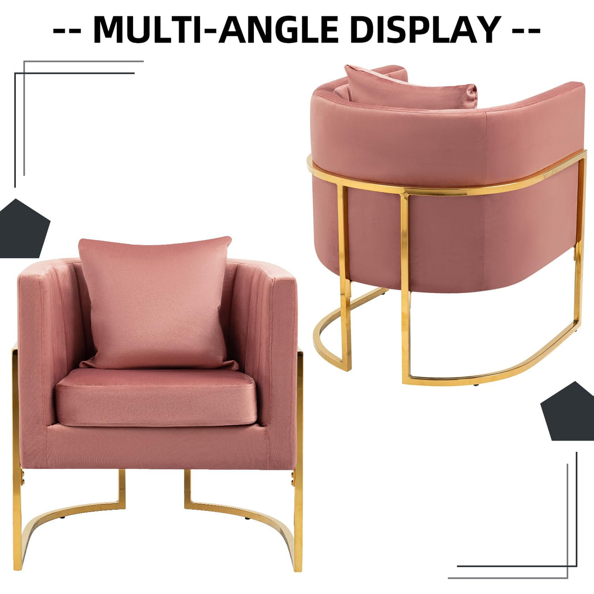 Velvet Accent Barrel Chairs Set of 2, Modern Arm Club Chair Set with Pillow for Living Room/Bedroom/Guest Reception, Channel Tufted, Gold Finish Base, Orange