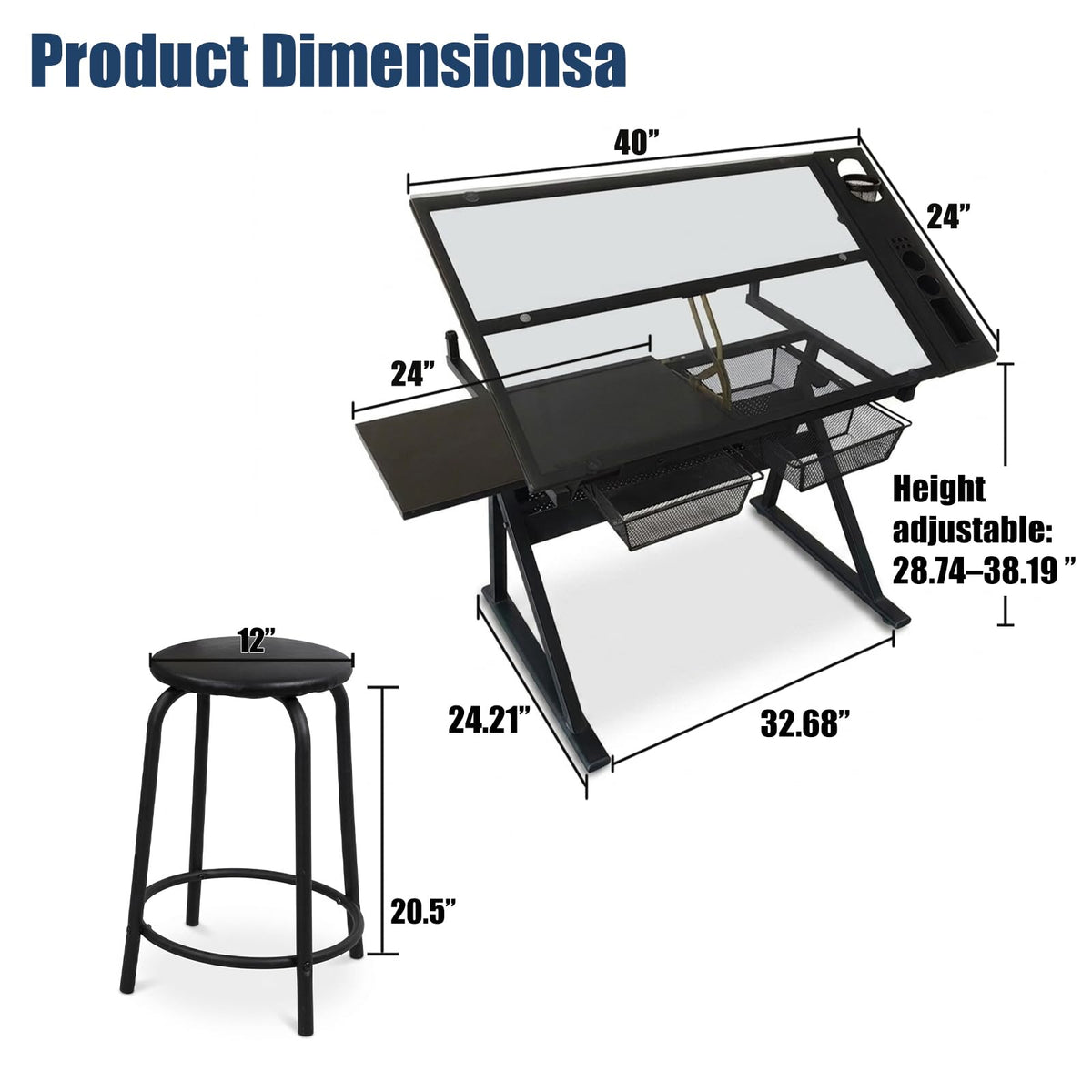 Adjustable Drafting Table, Tiltable Art Drawing Desk with 2 Storage Drawers & Stool, Multi-Functional Art Workstation for Artist Painting Craft Reading Writing (Black-B)