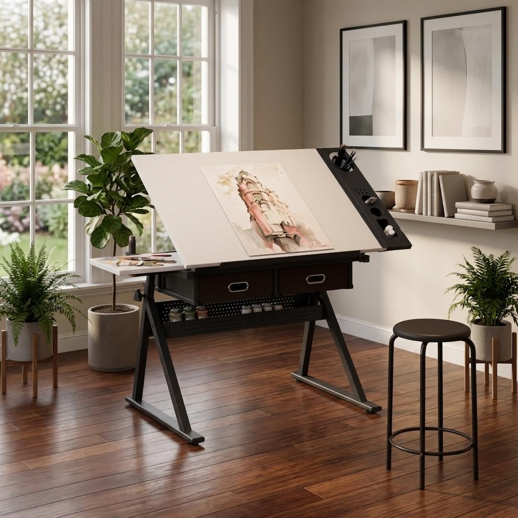 Height Adjustable Drafting Table Drawing Table Artist Desk Tilting Tabletop Art Craft Desk with 2 Storage Drawers and Stool, Art Craft Desk for Artist Painters Drawing Painting (All White)