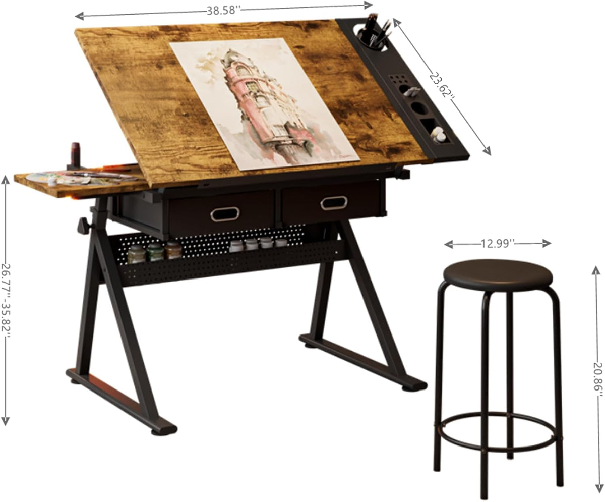 GarveeHome Height Adjustable Drafting Table, Tilted Tabletop Art Table for Adults, Adjustable Drawing Drafting Tables Desk with 2 Drawers and Stool for Home Office School, Rustic Brown