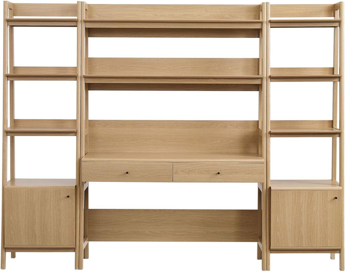 Modway 3-Piece Home Office Desk and Bookshelf Display Case in Oak
