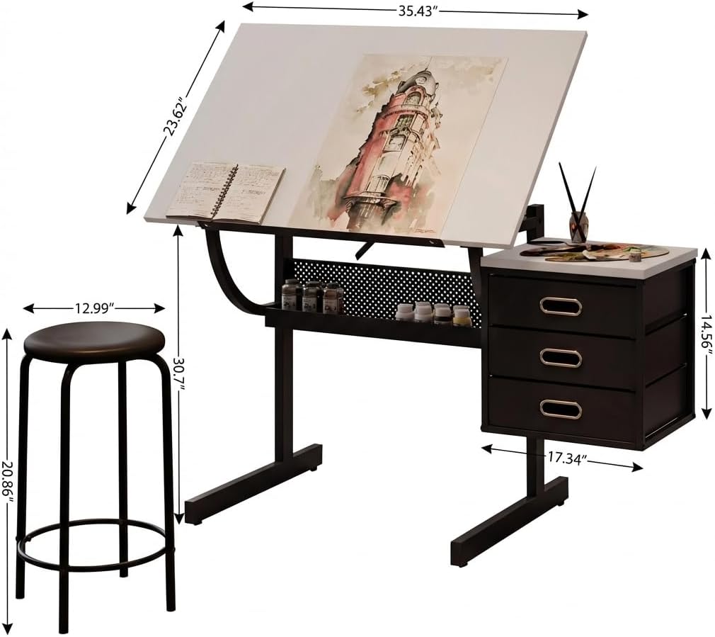 Drafting Table with Storage, Adjustable Art Desk & Art Table with Stool, 0-75Â° Tilting Top, 3 Drawers for Diamond Painting, Architecture, Animation, Office (Adults & Teens) (White)
