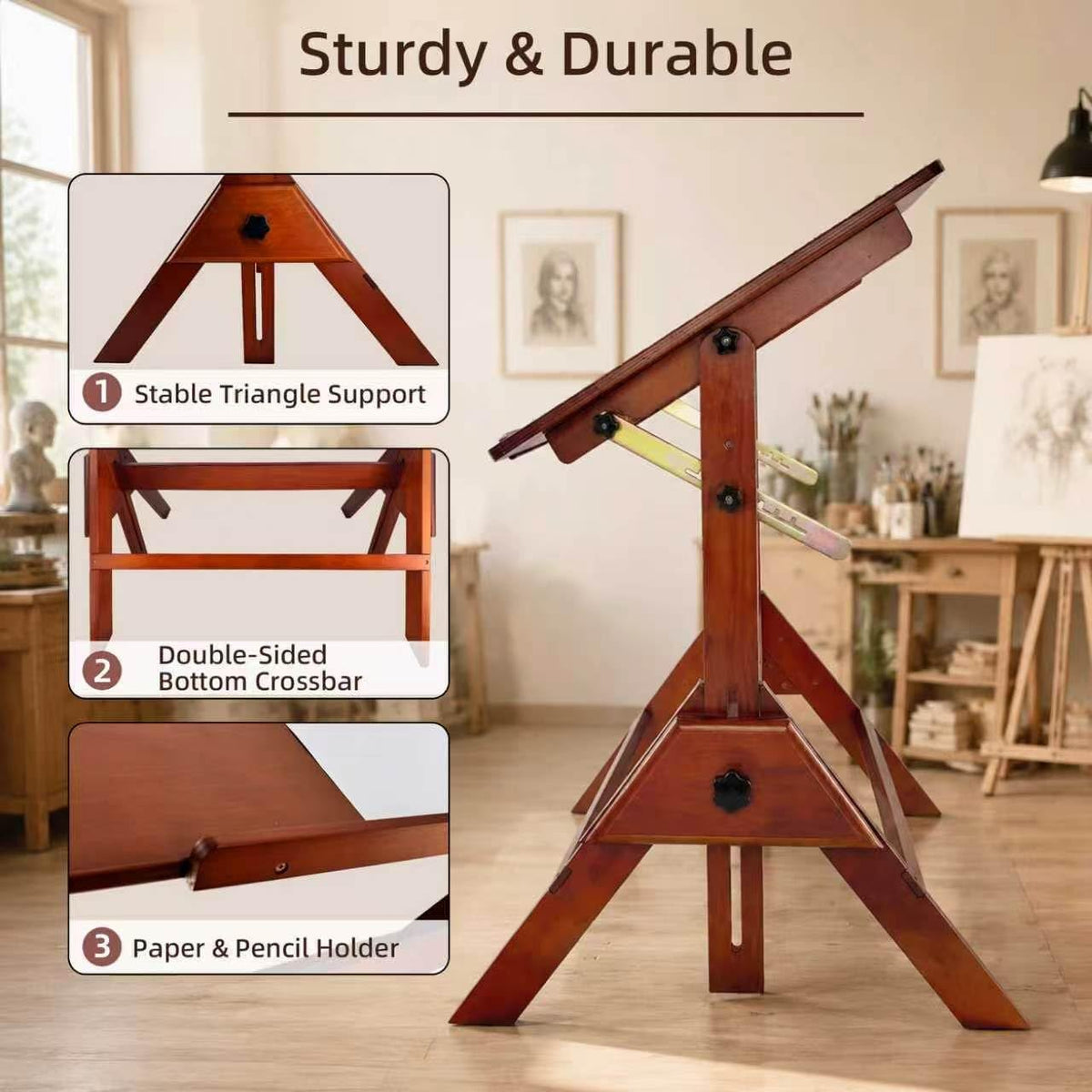 Walnut Solid Wood Adjustable Drafting Table, Art Drawing Desk