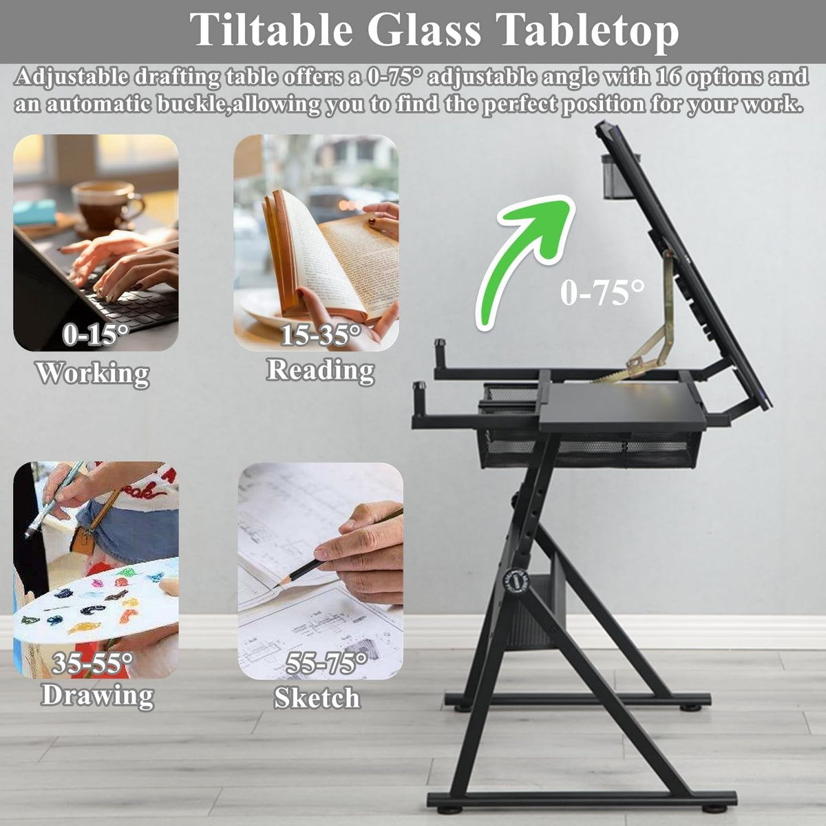 Drafting Table for Artists, Glass Drawing Table with Stool,T1-Black
