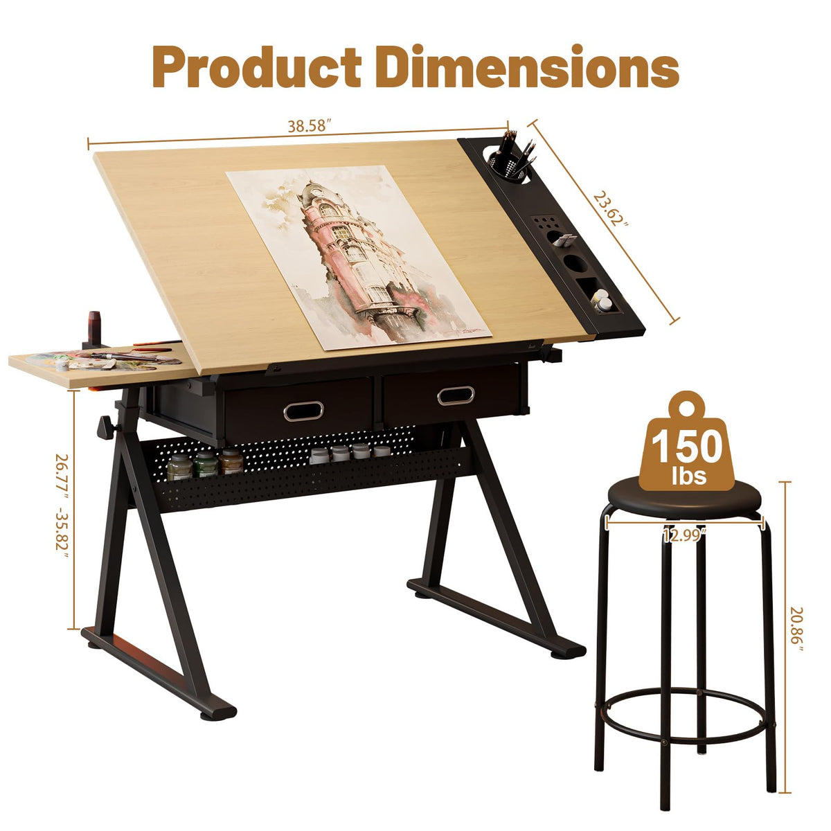 Drafting Table and Stool Set for Adults/Artists, Drawing Table with Adjustable Tabletop and Height, Art Workstation for Painters Crafting Reading Writing Home Office, All White