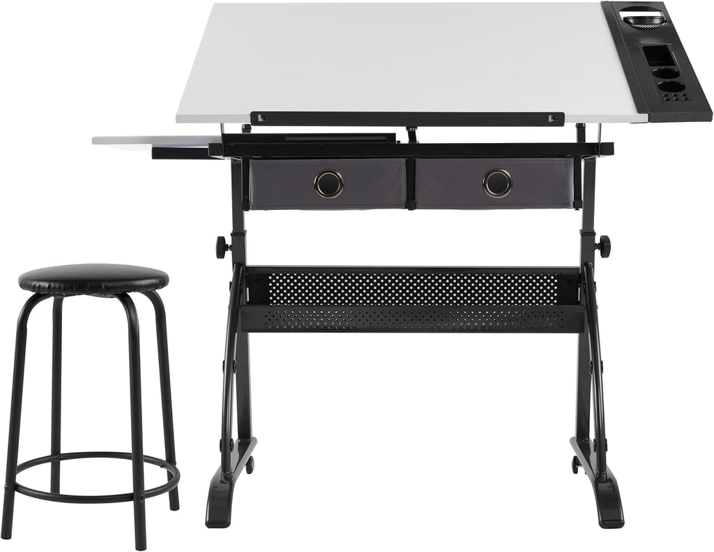 SD Studio Designs Core 2 Pc Craft Center - 35.5" W Angle Adjustable Drafting Table with Cloth Drawers, Side Shelf and Stool
