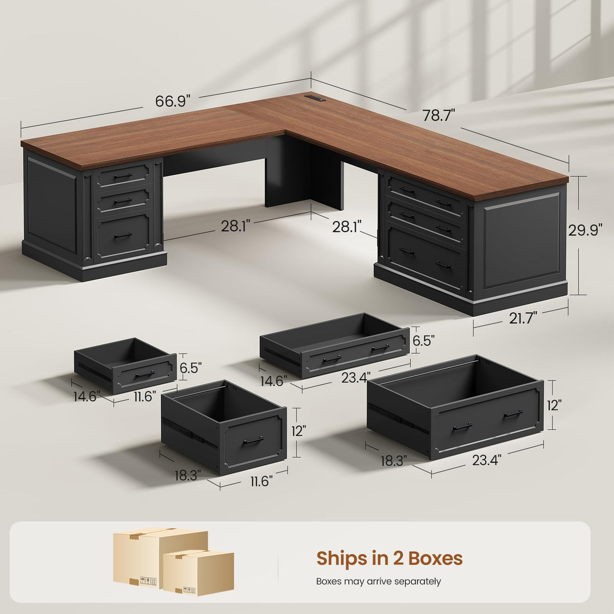 SEDETA Farmhouse 70.9" Executive Desk, Home Office Desk with File Drawers and Storage Cabinet, Computer Desk with Power Outlet for Home Office, Work Study Writing, Black+Brown