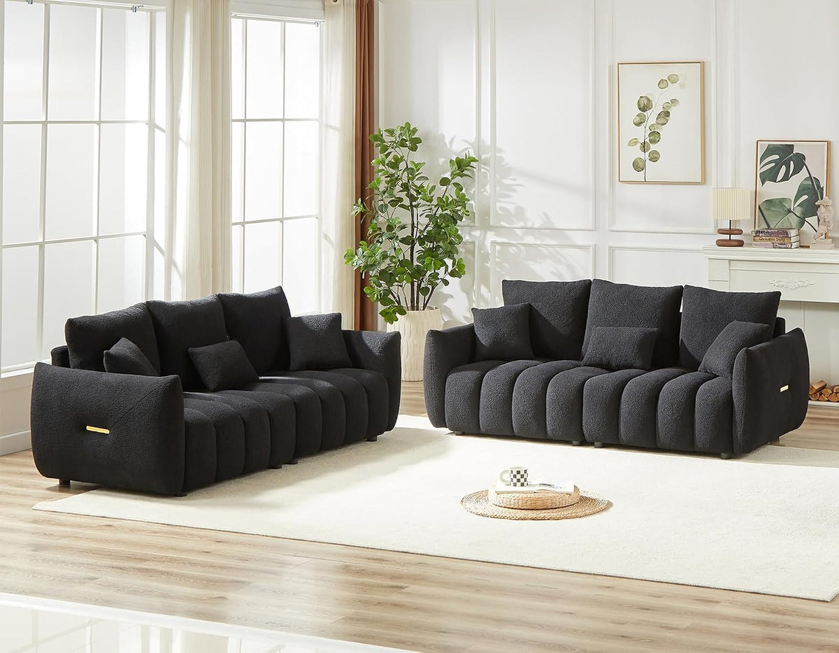 Antetek Teddy Fabric Sofa Set for Living Room, 2 Pieces Modern Deep Seat Oversized 3-Seater Cloud Boucle Couch for Bedroom, Office, Apartment, Furniture Set, 78-inch, Black (2 Pieces)