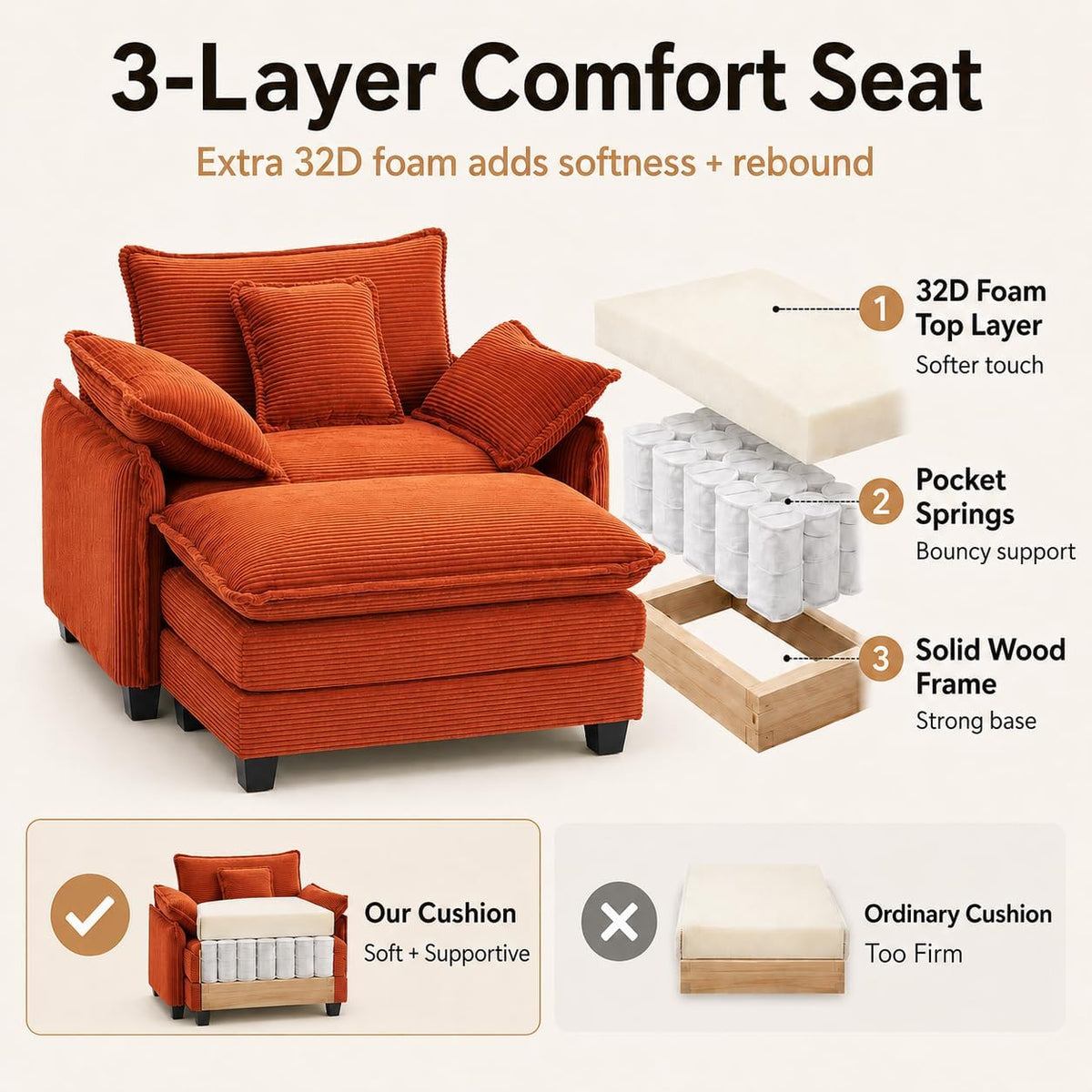 Oversized Chair with Ottoman, Corduroy Reading Chair with Footrest, Comfy Accent Armchair for Living Room Bedroom, Single Sofa Lounge Chair, 350 lbs (Orange)