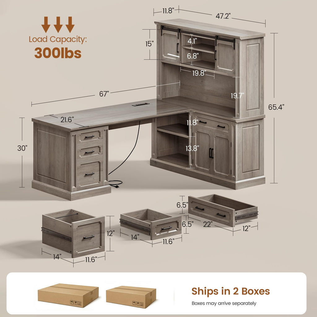 SEDETA Farmhouse 70.9" Executive Desk, Home Office Desk with File Drawers and Storage Cabinet, Computer Desk with Power Outlet for Home Office, Work Study Writing, Black+Brown