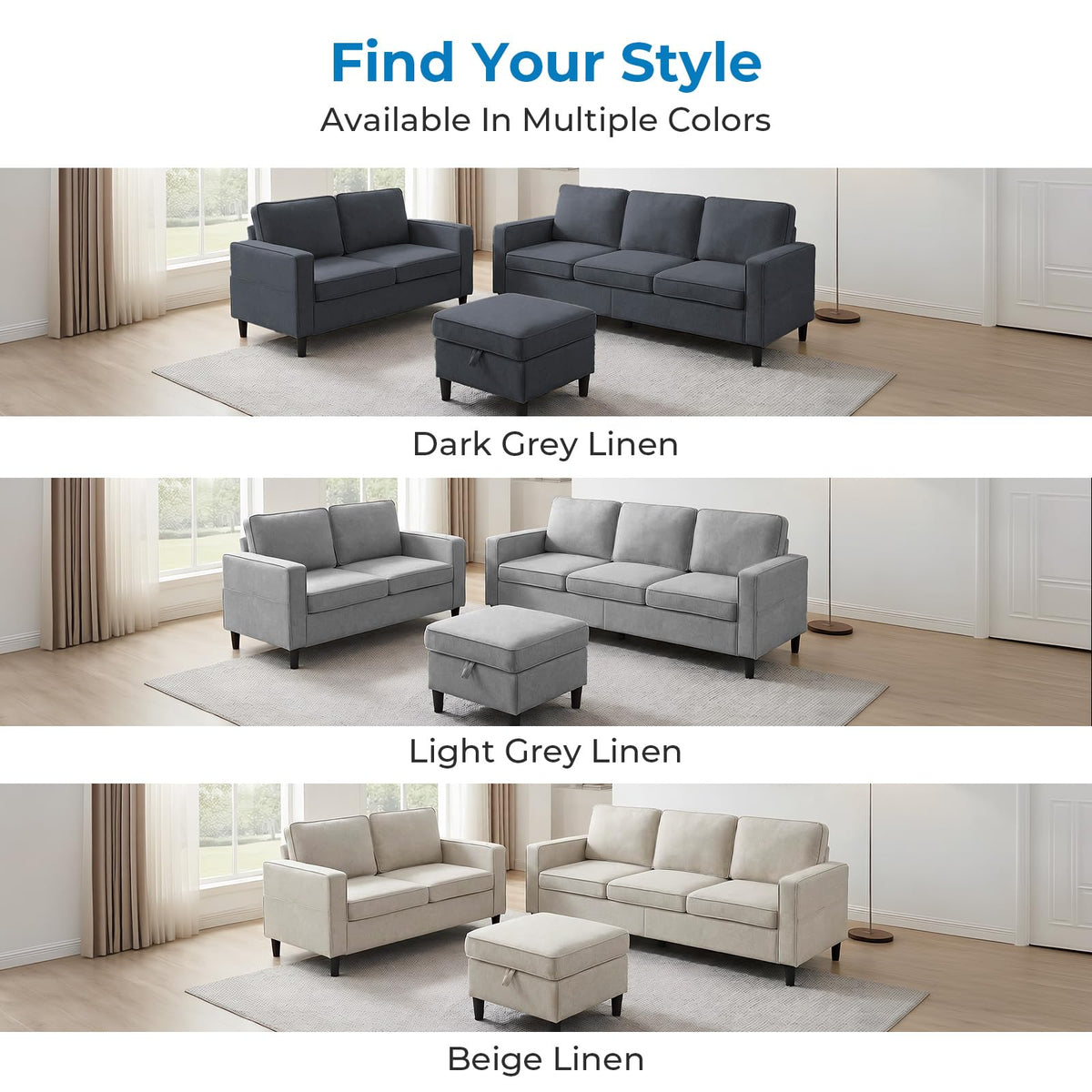 Mjkone 78"W 3 Pieces Sofa Couches Set for Living Room Sets Furniture, Sectional L Shaped 3-Seater Small Sofas Couch and Loveseat Sets with Storage Ottoman and Side Pockets for Home Office, Light Gray