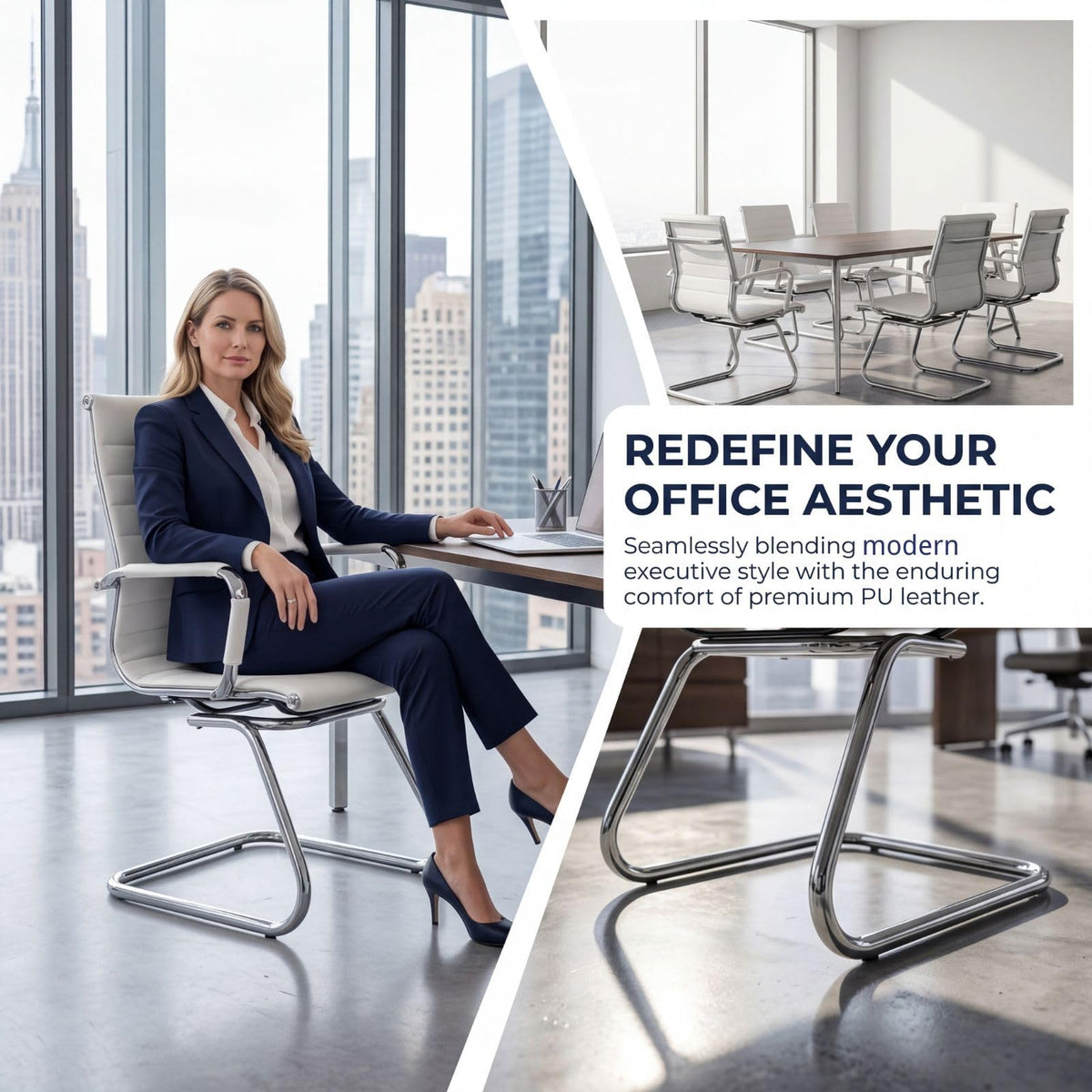 Reception Chairs Leather Conference Guest Chair Heavy Duty Back Support Office Chair, Set of 2 (Navy)