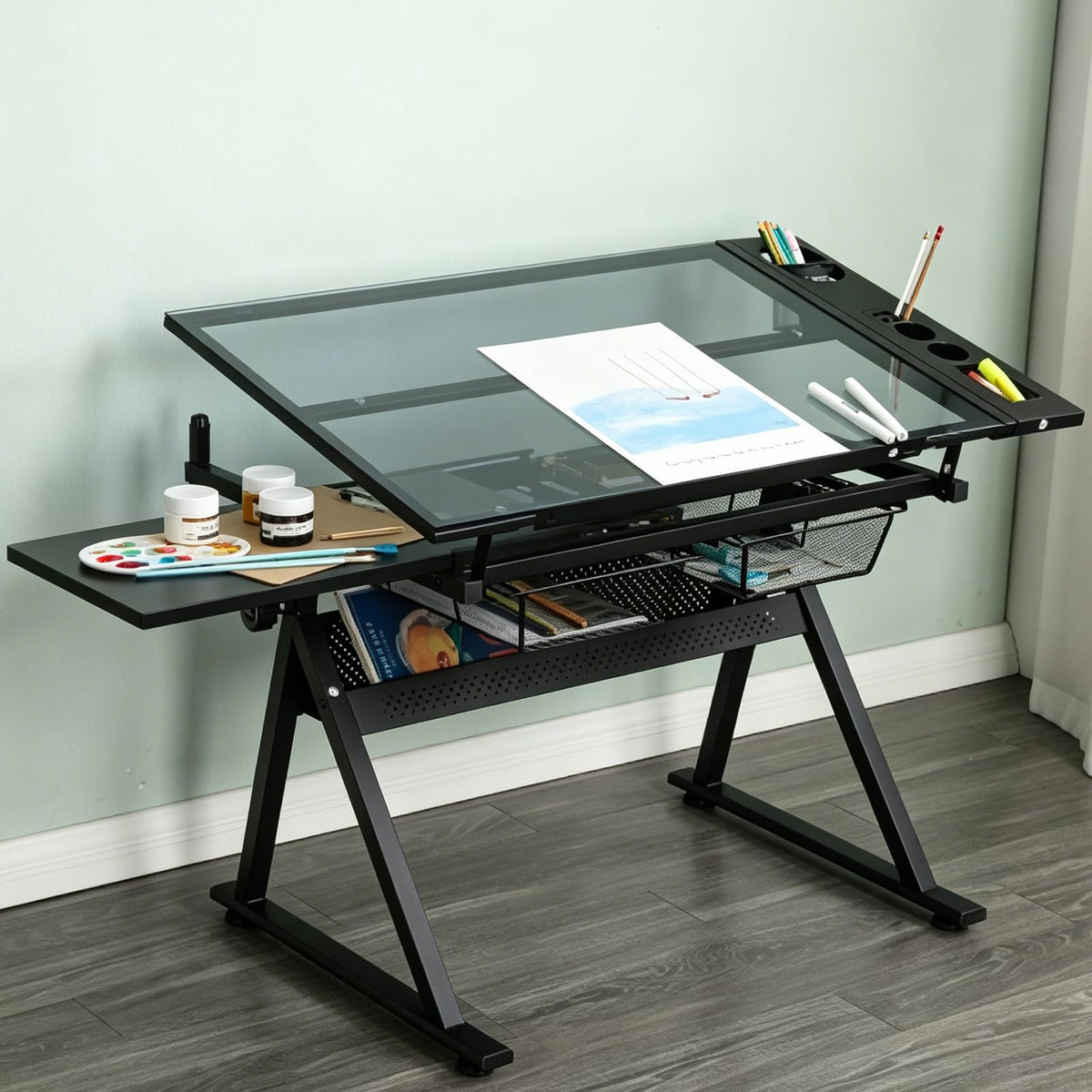 Drafting Table with 2 Metal Storage Drawers & Stool for Adult Teen, Red