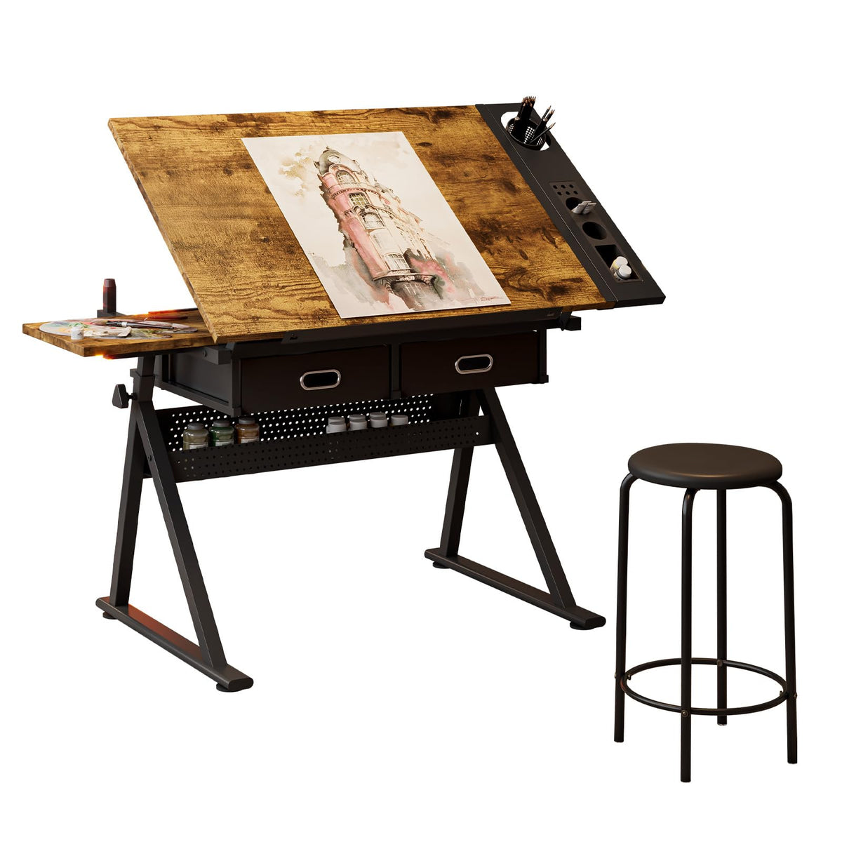 Drafting Table and Stool Set for Adults/Artists, Drawing Table with Adjustable Tabletop and Height, Art Workstation for Painters Crafting Reading Writing Home Office, All White