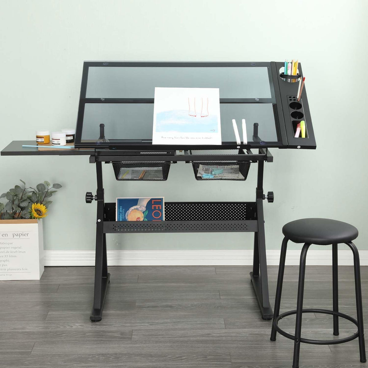 Drafting Table with Storage and Stool, Glass Art Desk for Adults Adjustable Height with 2 Metal Drawers, Craft Drawing Table Artist Desk with Extra Desktop for Reading/Writing/Studying (Black)