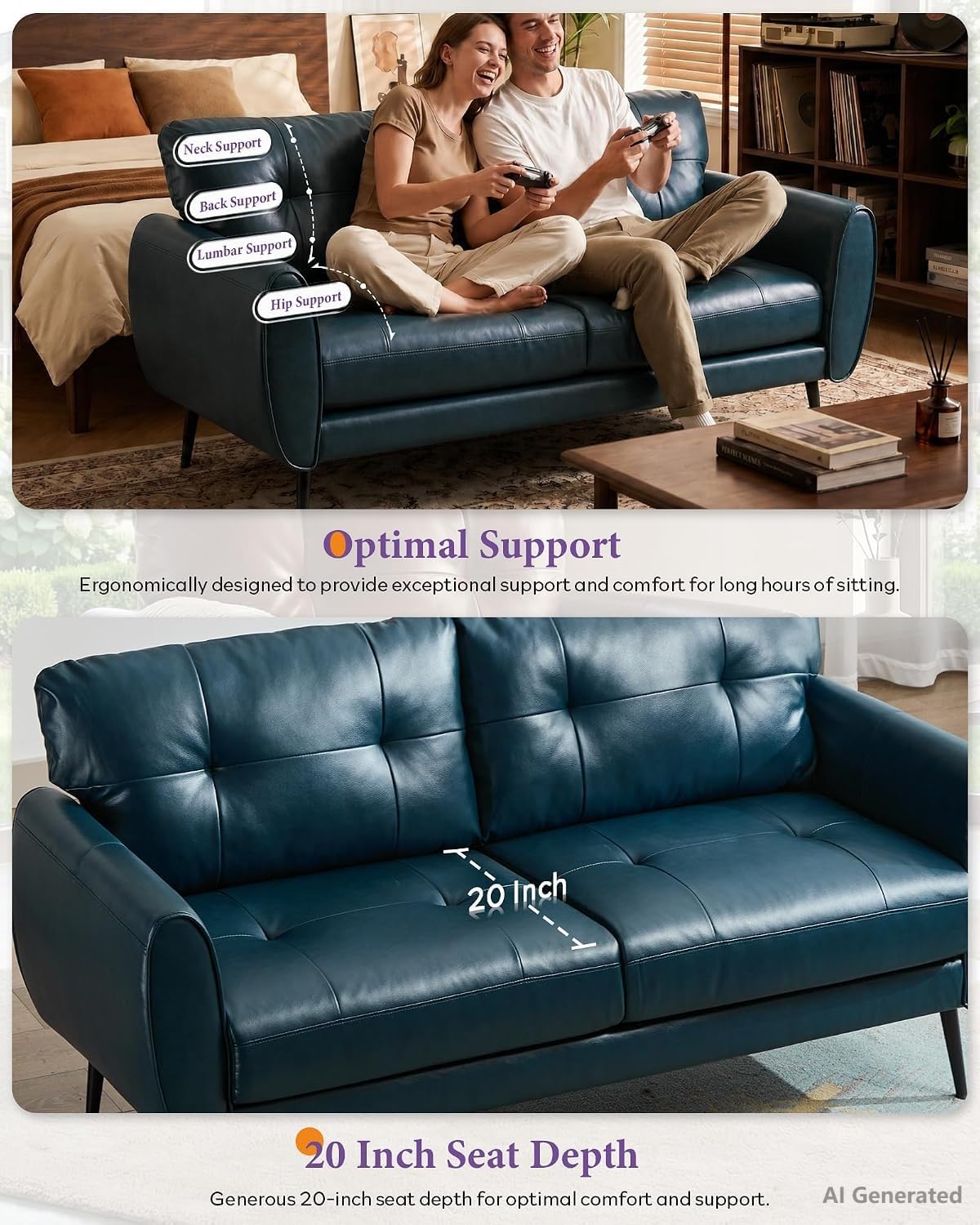 61'' Small Leather Loveseat and Chair, 3 Piece Living Room Sets, Black