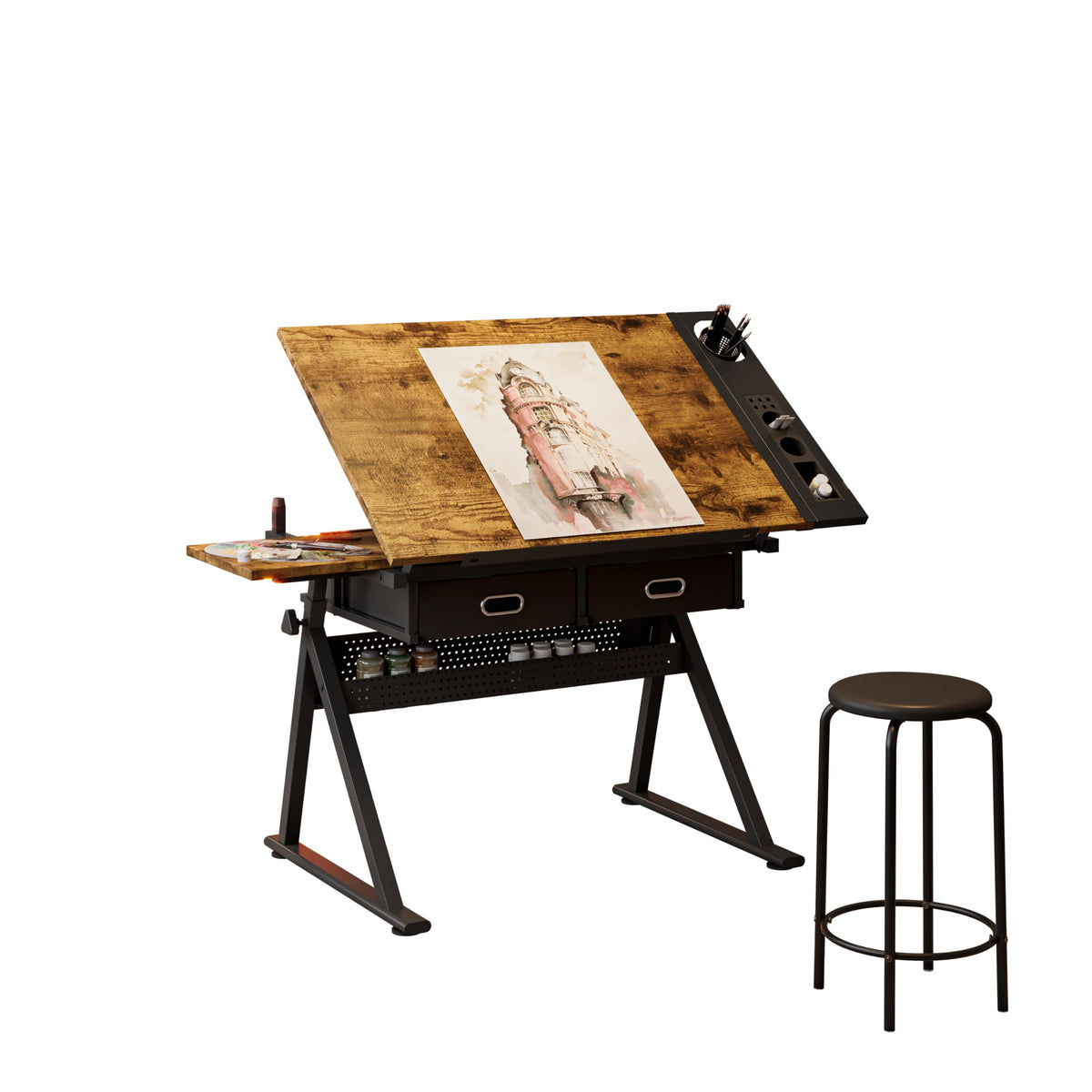 White Drafting Table with Stool, Height Adjustable Art Craft Desk with Tilting Tempered Glass Tabletop, Expansion Board, Multi-Storage, Drawing Table for Studio, Artists, Home Office, Painters, White