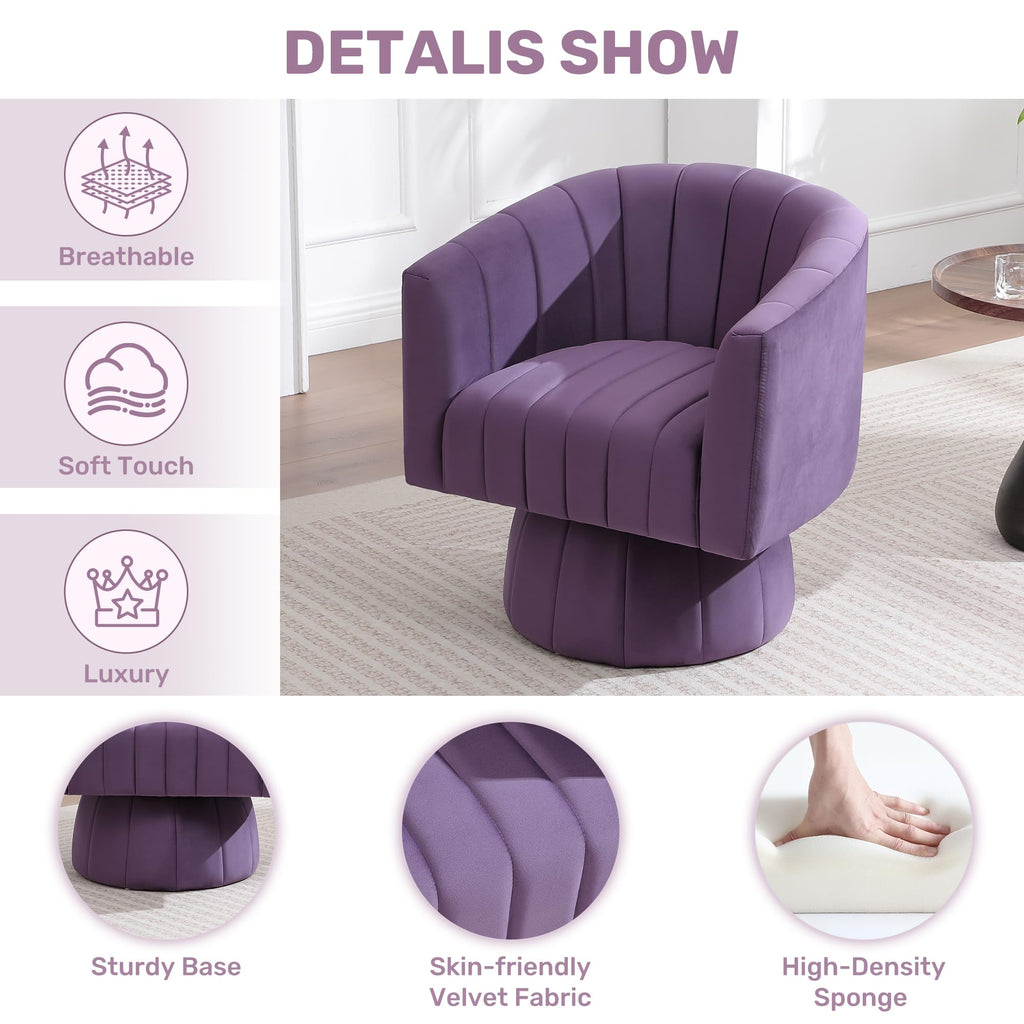 Swivel Accent Barrel Chair Set of 2, Cute Comfy Small Round 360Â° Arm Chair, Velvet Sofa Club Reading Chair for Living Room Bedroom Office Purple