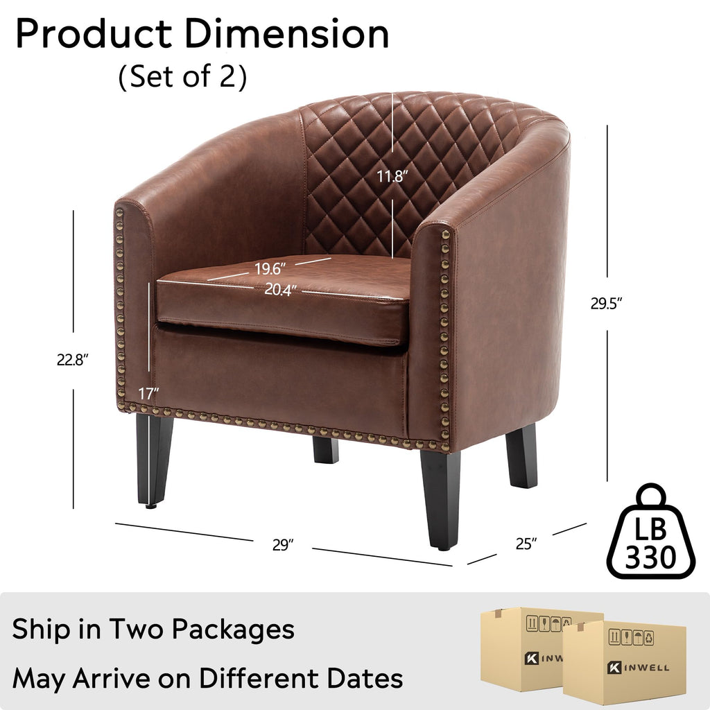KINWELL 29" W Faux Leather Tufted PU Barrel Club Chairs Set of 2, Black