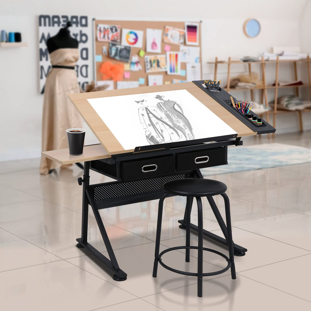 ZENY Adjustable Drafting Table with Stool Tilting Drawing Desk Artist Table