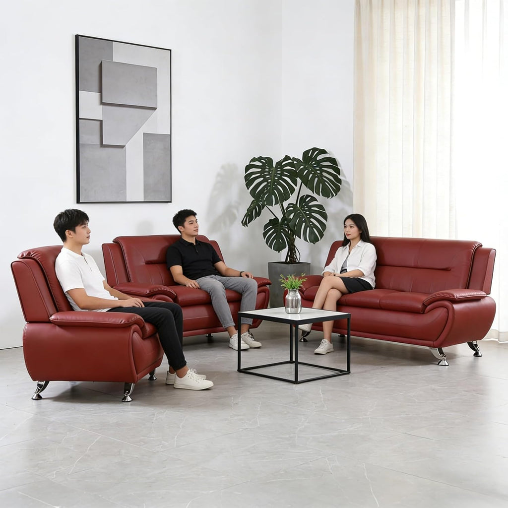 Modern Leather Sofa Set, Living Room Furniture, 3 - Piece Couch Set, Faux Leather Couch Loveseat Chair Set with Sturdy Legs for Living Room/Bedroom/Office,Black