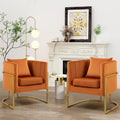 Velvet Accent Barrel Chairs Set of 2, Modern Arm Club Chair Set with Pillow for Living Room/Bedroom/Guest Reception, Channel Tufted, Gold Finish Base, Orange