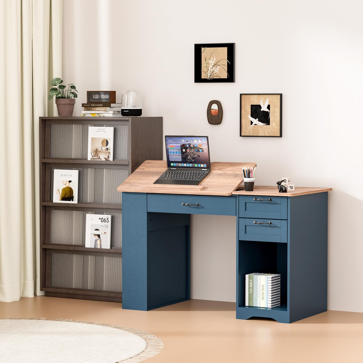 Drafting Table with Storage Cabinet & Drawers, Adjustable Drawing Table with Open Shelves, Craft Art Desk for Artists, Painters, Drawing, Crafting, Reading, Writing, Working