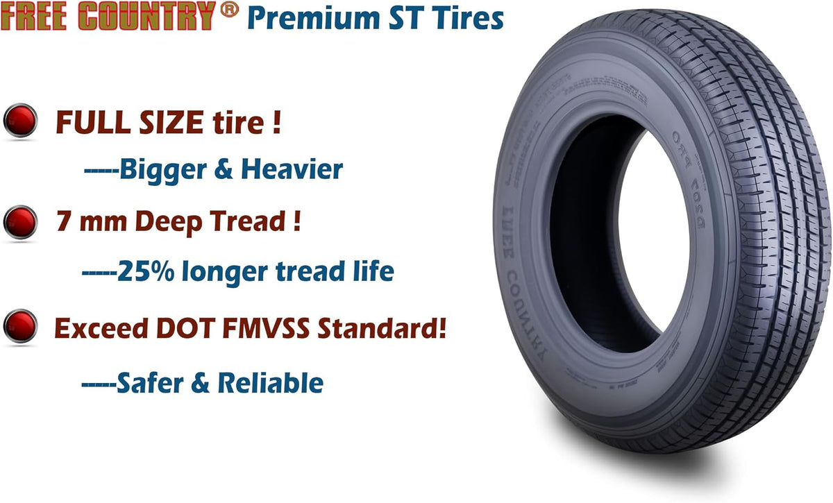 Free Country HD Trailer Tires ST205/75R15 10PR LRE 111N w/Scuff Guard, Set4