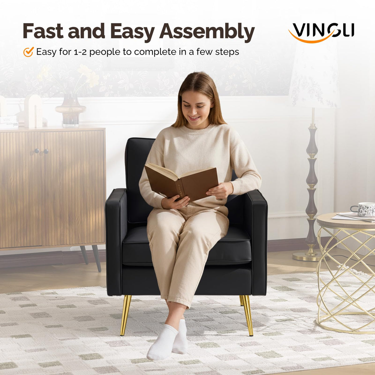 VINGLI Faux Leather Accent Chairs Set of 2 with Gold Legs for Living Room
