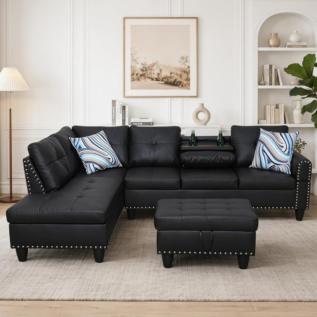 97.5" L-Shaped Modular Sectional Sofa with Movable Chaise & Storage Ottoman, 3 Piece Convertible Leather Couch, 4 Seat Gloss Black Living Room Furniture Set for Apartment Home Office