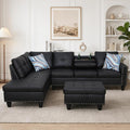 97.5" L-Shaped Modular Sectional Sofa with Movable Chaise & Storage Ottoman, 3 Piece Convertible Leather Couch, 4 Seat Gloss Black Living Room Furniture Set for Apartment Home Office