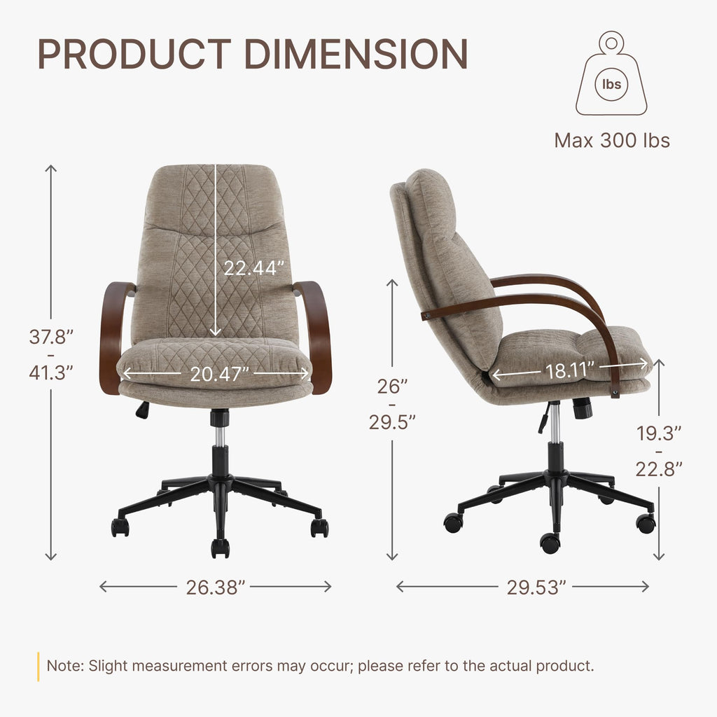 KISLOT Home Office Desk Chair, Ergonomic Office Chair with Lumbar Support, Adjustable Swivel Computer Chair with Wheels, Faux Leather Executive Task Chair with Wood Arms, Set of 2, Brown