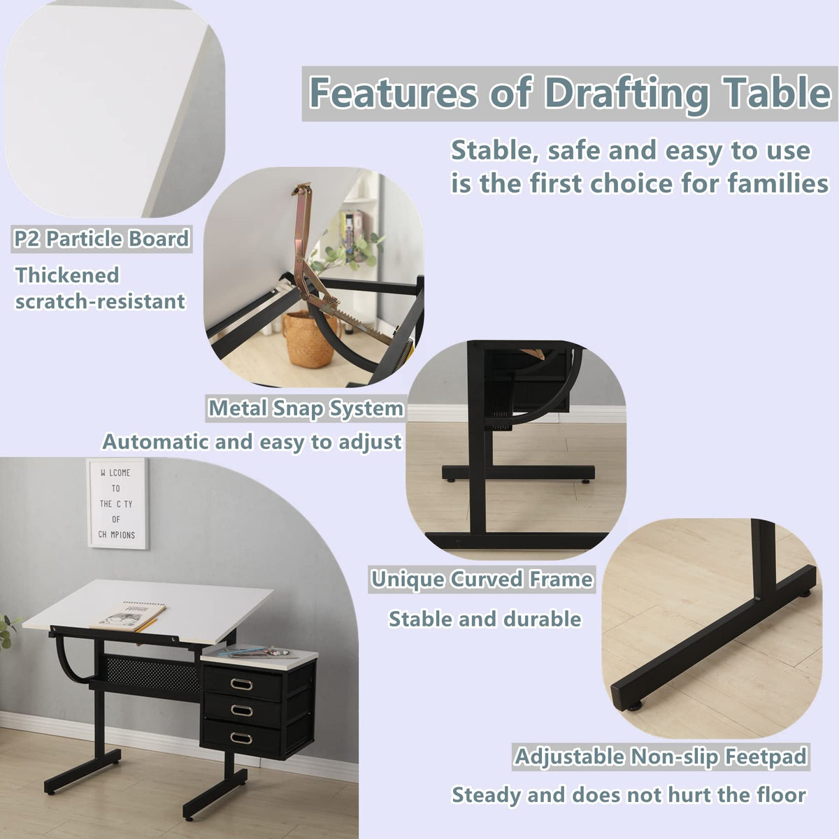 Drafting Table, Height Adjustable Art Table with Stool,T1-All White